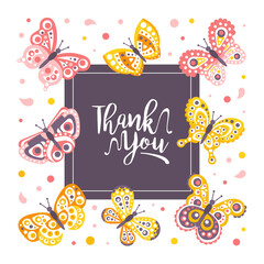 Thank You Card Template with Cute Beautiful Butterflies, Banner, Poster, Invitation Card Design Cartoon Vector Illustration