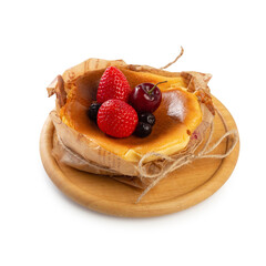 Basque burnt cheesecake, European cheesecake with soft center, creamy and light isolated on a white background.