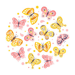 Beautiful Butterflies Seamless Pattern of Cirular Shape, Invitation Card, Banner, Cosmetic, Beauty Products Design Cartoon Vector Illustration
