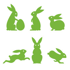 Six silhouettes of easter bunnies in different poses. Holiday symbols vector set.