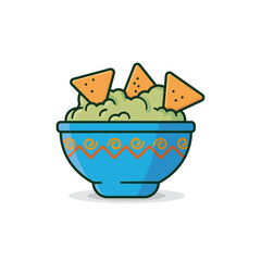 Bowl of Guacamole with tortilla chips isolated vector illustration. Mexican food symbol.