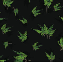 Pattern with small fern bushes on black background with shadows