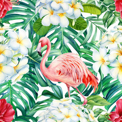 Pink flamingo and palm leaves, plumeria flowers. Hand painted floral illustration. Watercolor tropical seamless pattern 