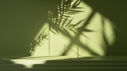 3d render, abstract green background. Empty stage with steps, leaf shadows and bright sunlight going through the window. Minimal scene with golden square frame, showcase for product presentation