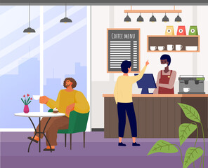 Man choose cakes and buy coffee at bakery shop or cafe. Male barista seller in face mask in bakery interior serves male customer. Visitors at the coffee shop during quarantine, safe service concept