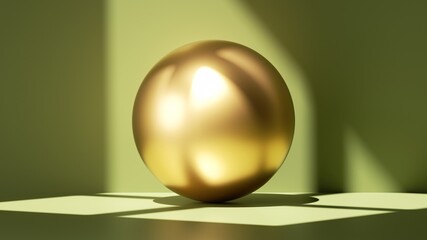 3d render, abstract green background with shadow and bright sunlight. Minimal showcase scene with golden ball