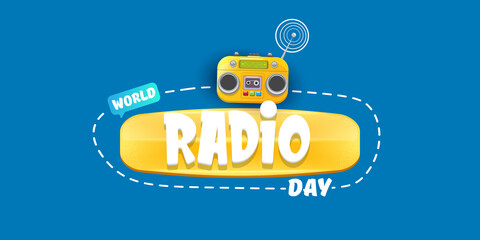 World radio day horizontal banner with vintage old orange cassette stereo player isolated on blue background. Cartoon funky hipster Radio day banner or poster