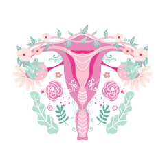 Female reproductive system. Uterus with flowers. Vector illustration.