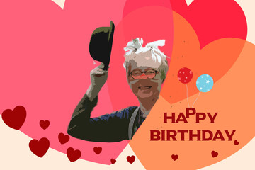 Geburtstagskarte "Happy Birthday mit Clown-Grafik, Herzen und Luftballons