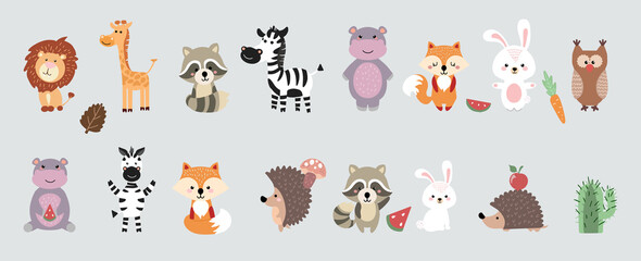 Set of vector cute animals. Illustration in cartoon style. Vector illustration.