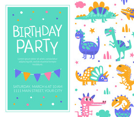 Birthday Party Card Template, Baby Shower Invitation, Greeting Card with Cute Funny Dinosaurs Seamless Pattern Vector Illustration