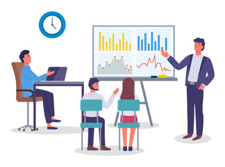 Businessman showing presentation with graph, chart on board. Cartoon character presenting financial plan, strategy. Worker presenting graphical analysis. Executive businessperson with presentation