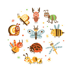 Funny Insects in Circular Shape Banner Template, Cover, Poster, Invitation Card, Flyer Design with Cute Caterpillar, Dragonfly, Ladybug, Grasshopper, Spider Insects Vector Illustration