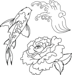 hand drawn Koi fish , wave and rose flower for tattoo design