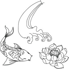 hand drawn Koi fish , wave and rose flower for tattoo design