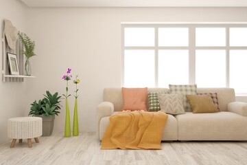 White living room with orange sofa. Scandinavian interior design. 3D illustration