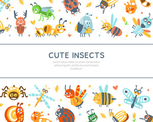Fototapeta na wymiar Cute Insects Banner Template, Cover, Poster, Invitation Card with Funny Caterpillar, Dragonfly, Ladybug, Grasshopper, Spider Insects Vector Illustration