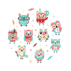 Cute Hand Drawn Owlets in Circular Shape Banner Template, Cover, Poster, Invitation Card, Flyer Design with Funny Colorful Owls Cartoon Vector Illustration
