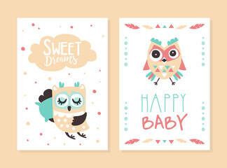 Happy Baby Sweet Dreams Cards Templates Set with Cute Hand Drawn Owlets, Cover, Poster, Greeting or Invitation Card, Flyer Design with Funny Colorful Owls Vector Illustration