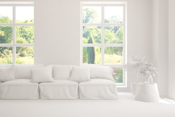 White living room with sofa and summer landscape in window. Scandinavian interior design. 3D illustration