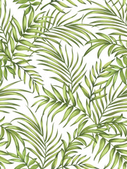 Naklejka na ściany i meble Green tropical palm leaves seamless vector pattern on white background.Trendy summer print.