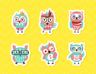 Cute Colorful Hand Drawn Owlets Stickers Set, Funny Owl Birds Comic Characters Cartoon Vector Illustration
