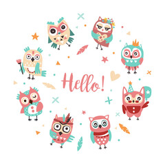 Hello Banner Template with Cute Colorful Hand Drawn Owlets, Poster, Invitation, Greeting Card, Flyer Design with Funny Owls Vector Illustration