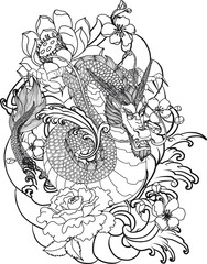 Japanese old dragon tattoo for arm.Hand drawn Dragon with peony flower,lotus,rose and chrysanthemum flower and water splash or Japanese wave traditional style.vector illustration Chinese dragon.