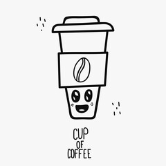 Big happy cup of coffe doodle character vector character with coffee grain, linear black icon vector for cafe and restaurant