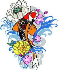 hand drawn koi fish with flower tattoo for Arm.Colorful Koi carp with Water splash,lotus and peony flower.Japanese tattoo and illustration for coloring book.Asian traditional tattoo design.