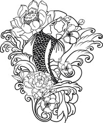 hand drawn koi fish with flower tattoo for Arm.Colorful Koi carp with Water splash,lotus and peony flower.Japanese tattoo and illustration for coloring book.Asian traditional tattoo design.