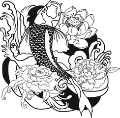 hand drawn koi fish with flower tattoo for Arm.Colorful Koi carp with Water splash,lotus and peony flower.Japanese tattoo and illustration for coloring book.Asian traditional tattoo design.