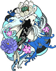 hand drawn koi fish with flower tattoo for Arm.Colorful Koi carp with Water splash,lotus and peony flower.Japanese tattoo and illustration for coloring book.Asian traditional tattoo design.