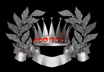 Silver crown in a frame of laurel wreaths with a ribbon. Silver ribbon for lettering or advertising. 3d render
