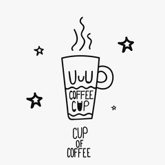 Big cup of  hot coffee doodle vector linear icon for cafe and restaurant. Capuccino and espresso for breakfast and business