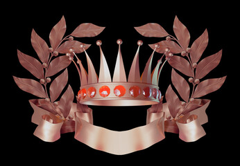 Bronze crown framed with laurel wreaths and ribbon. Bronze ribbon for lettering or advertising. 3d render