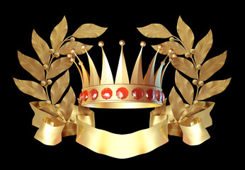 A golden crown framed with laurel wreaths and a ribbon. Gold ribbon for lettering or advertising. 3d render