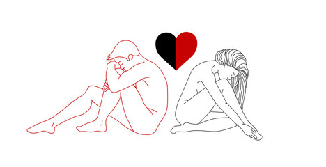 Valentine's card. Silhouettes of a guy and a girl. A man and a woman sit with their backs to each other. Greeting card. Silutes with white and black outlines. Black and red heart