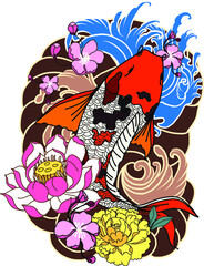 hand drawn koi fish with flower tattoo for Arm.Colorful Koi carp with Water splash,lotus and peony flower.Japanese tattoo and illustration for coloring book.Asian traditional tattoo design.