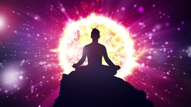 Power of meditation. Energy burst of chakra. Mindfulness power of awakening and self awerness. Great light of mental power animation. 