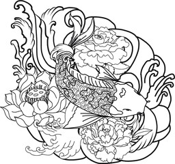 hand drawn koi fish with flower tattoo for Arm.Colorful Koi carp with Water splash,lotus and peony flower.Japanese tattoo and illustration for coloring book.Asian traditional tattoo design.