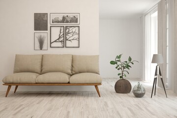 White living room with sofa. Scandinavian interior design. 3D illustration
