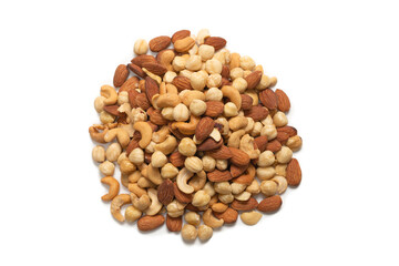 Mix of nuts isolated on white background. Top view.