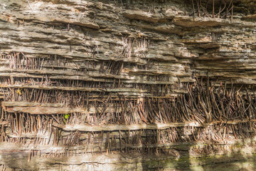 Rows of small sticks in a rock in Wulingyuan Scenic and Historic Interest Area in Zhangjiajie National Forest Park in Hunan province, China