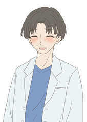 白衣　青年　照れ笑い