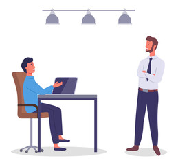 Office staff work and communicate. Office employee. Guy standing, arms crossed, guy is sitting at desk, using laptop. Table, device, ceiling lighting, people isolated on white. Flat image on white