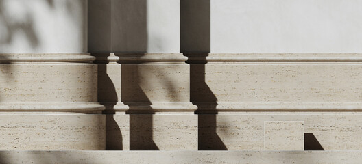 Minimal mockup background for product presentation. Travertine stone base molding and podium with leaf shadow. Clipping path of each element included. 3d rendering illustration.  © 3DJustincase