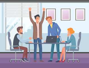 People talking and working in office. Staff around table with laptop discussing during the meeting. Cheerful businessmen communicate at work. Colleagues spend time together at a business meeting