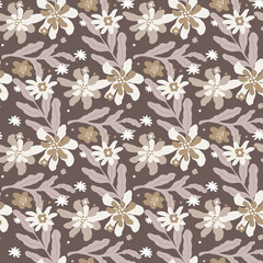 Vintage seamless pattern with doodle hand drawn leaf branches and flowers silhouettes. Pale palette.