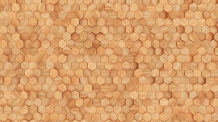 Wooden wall background. Light wood pattern. Modern wood template. Hexagonal wooden volume pattern. 3d illustration.